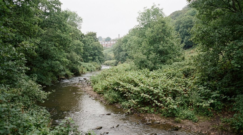Japanese knotweed on a riverbank in Aspull